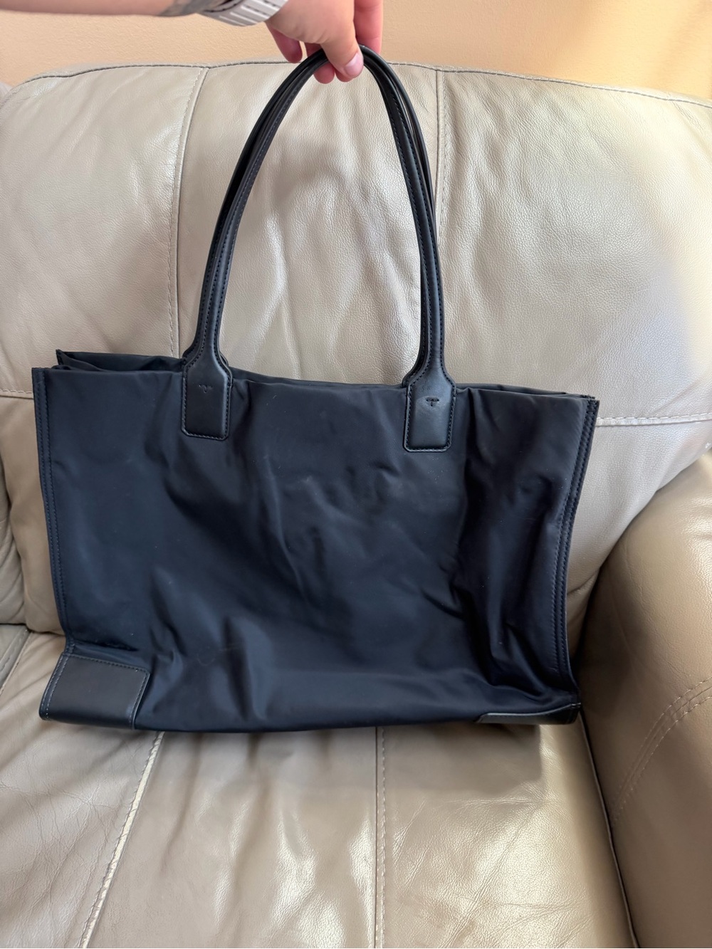 Tory Burch Black Nylon Logo Tote with Leather Trim - Picture 2 of 5